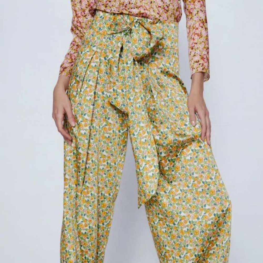 Zara Wide Leg Floral Satin Pants Trousers XS - Picture 4 of 4
